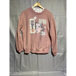Vintage Teddi Pink Cat Sweater 80s Floral XL Boho Chic extra large pullover